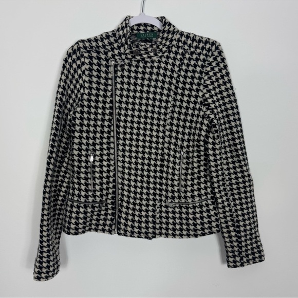 Lauren Ralph Lauren Black White Houndstooth Lambswool Moto Jacket Size M - Picture 2 of 12